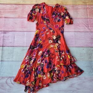Studio by Preen Red Floral Print Short Sleeve Ruffle Asymmetric Hem‎ Dress 6US